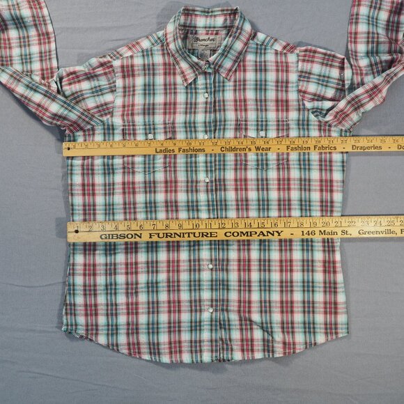 Wrangler Wrancher Western Shirt Womens Extra Large Pink Blue Plaid Pearl Snap - Picture 4 of 8